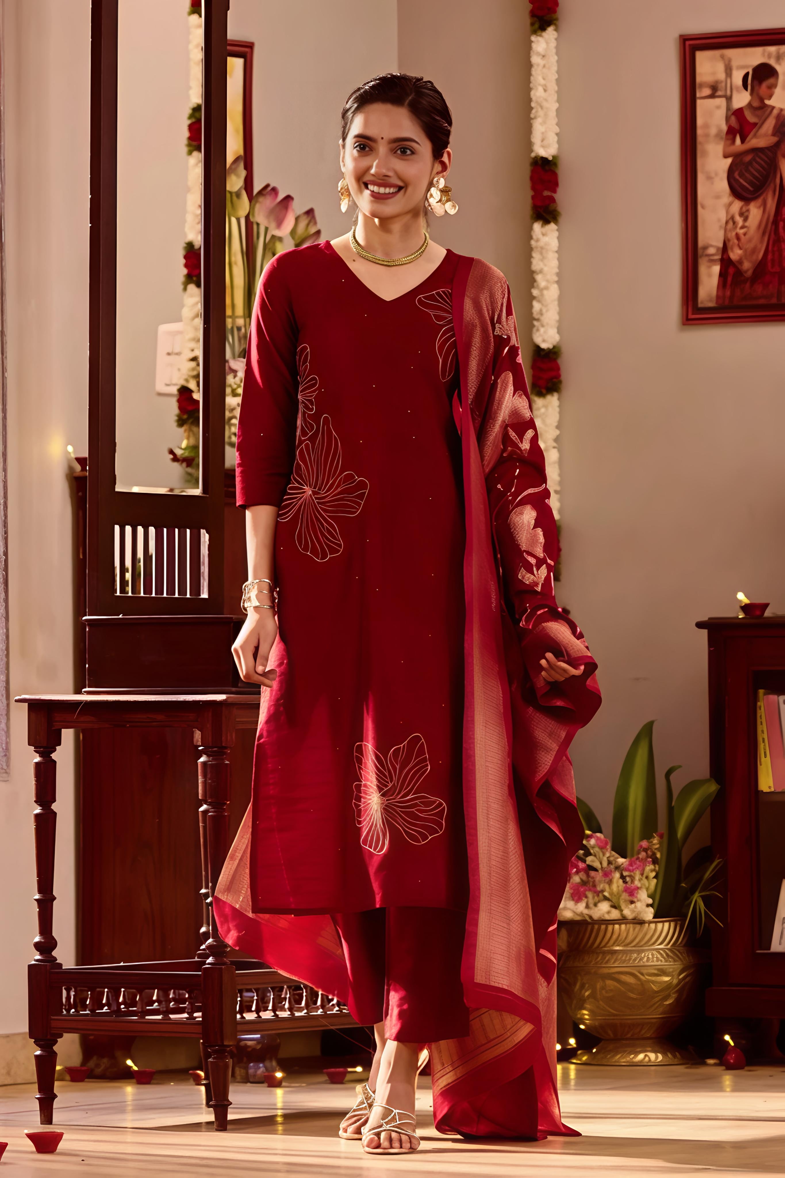 Maroon Kurta Set with Golden Threadwork & Brocade Dupatta