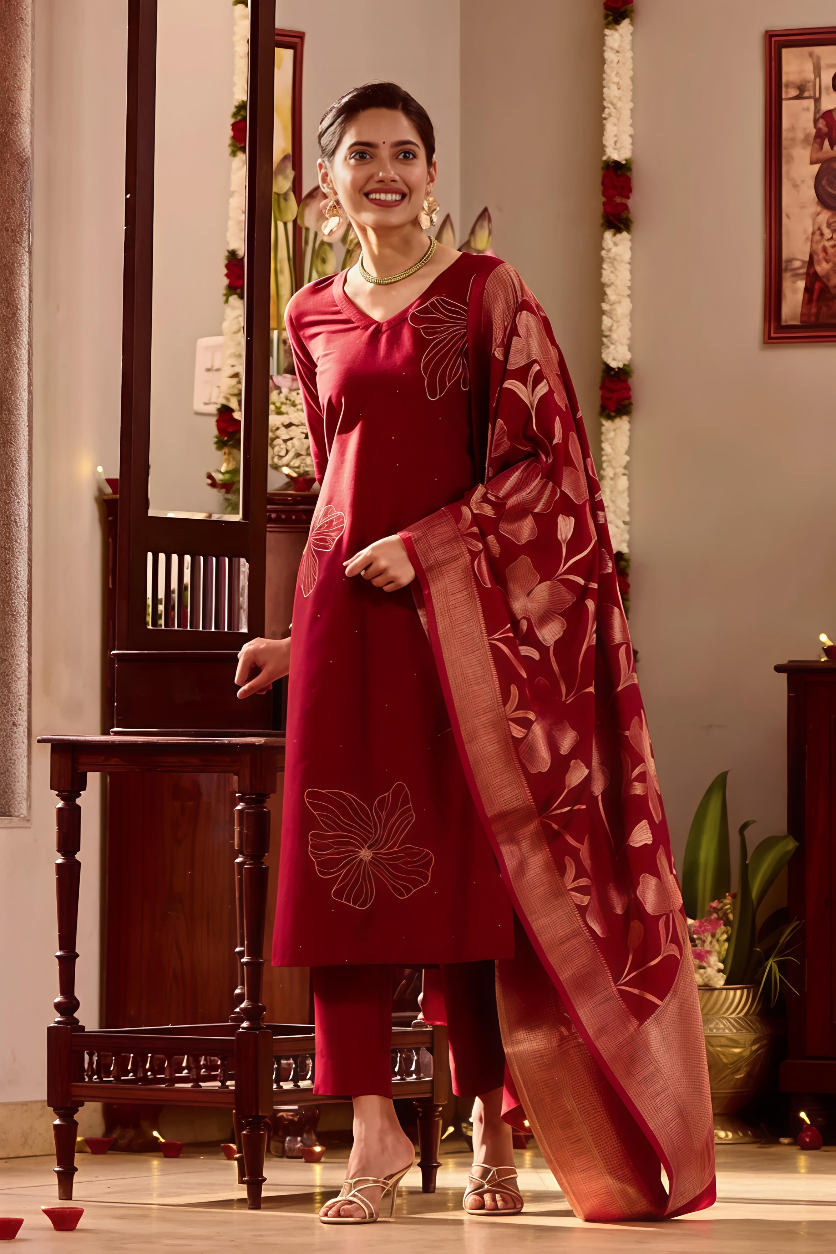 Maroon Kurta Set with Golden Threadwork & Brocade Dupatta