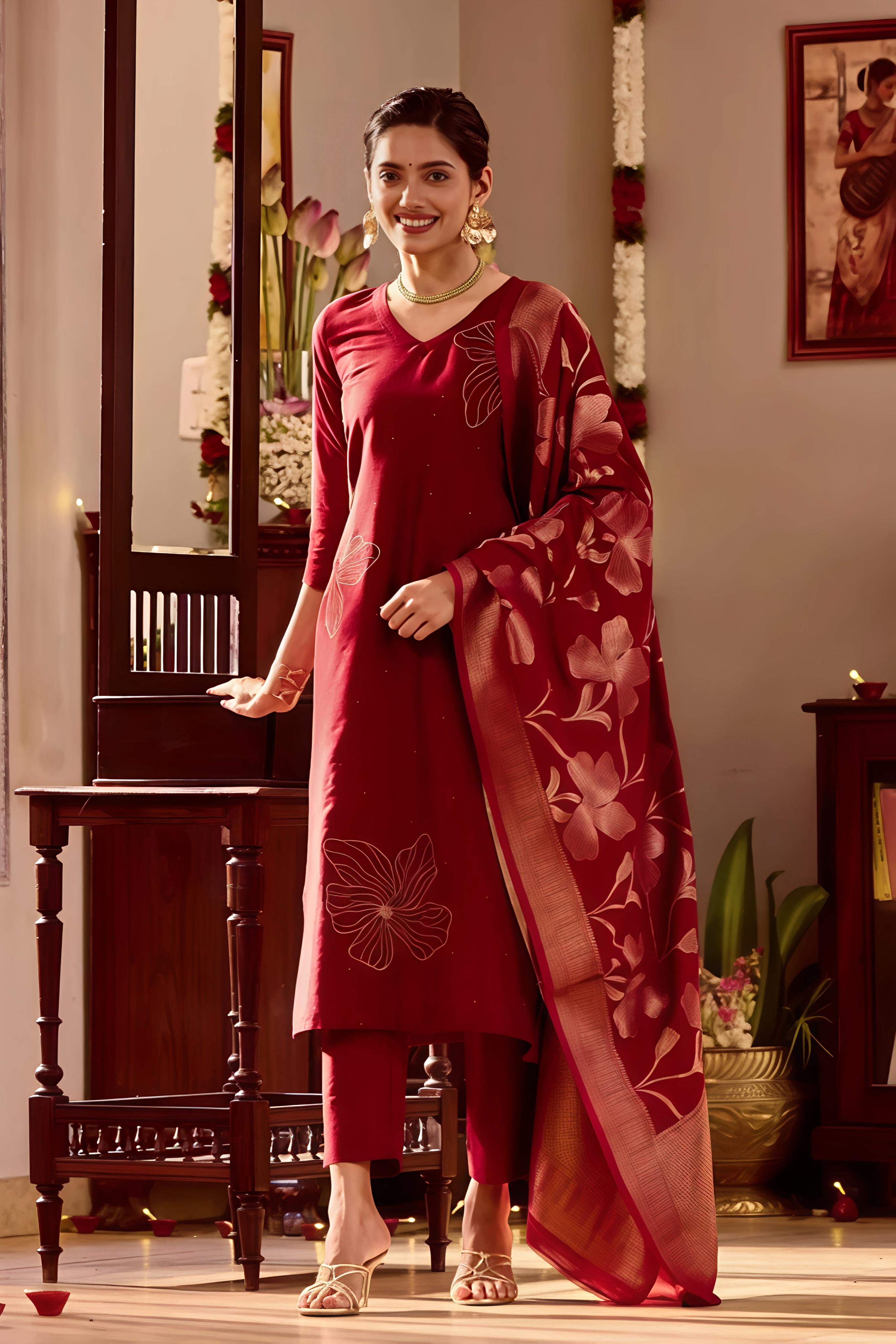 Maroon Kurta Set with Golden Threadwork & Brocade Dupatta