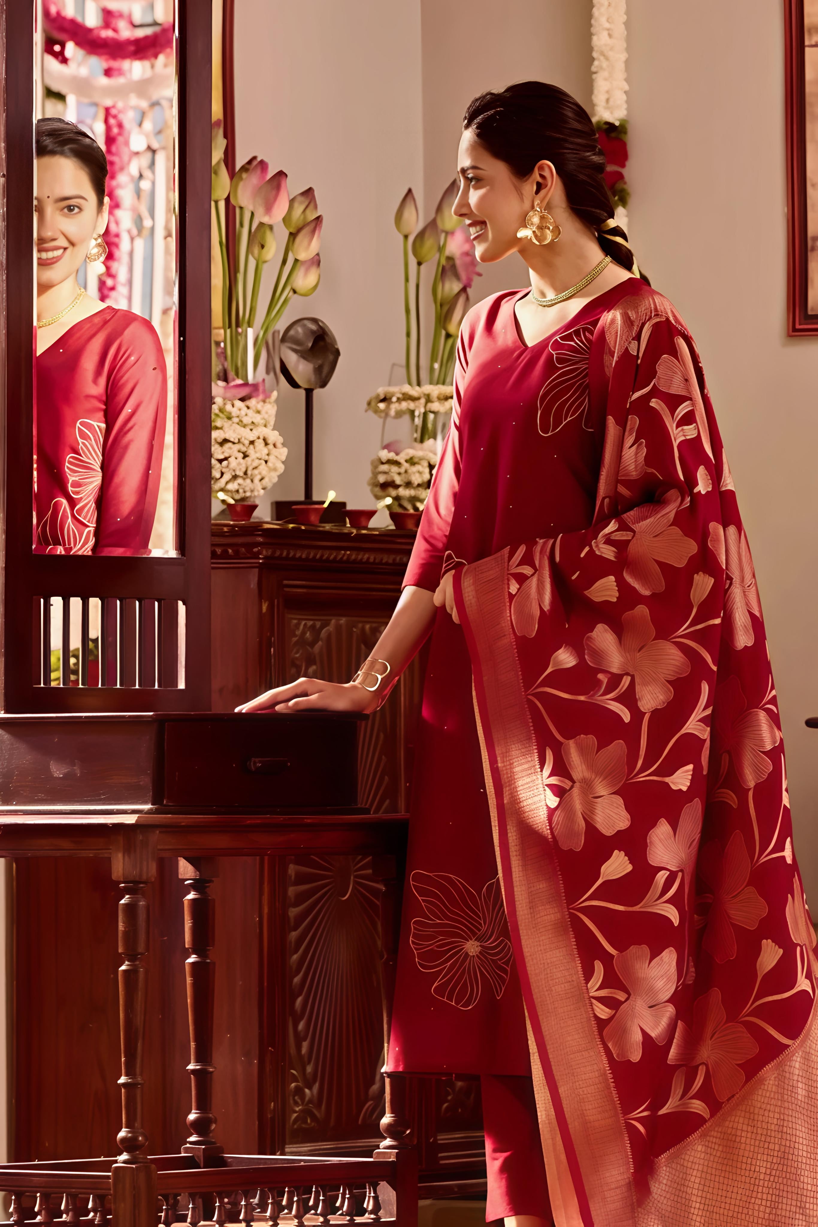 Maroon Kurta Set with Golden Threadwork & Brocade Dupatta