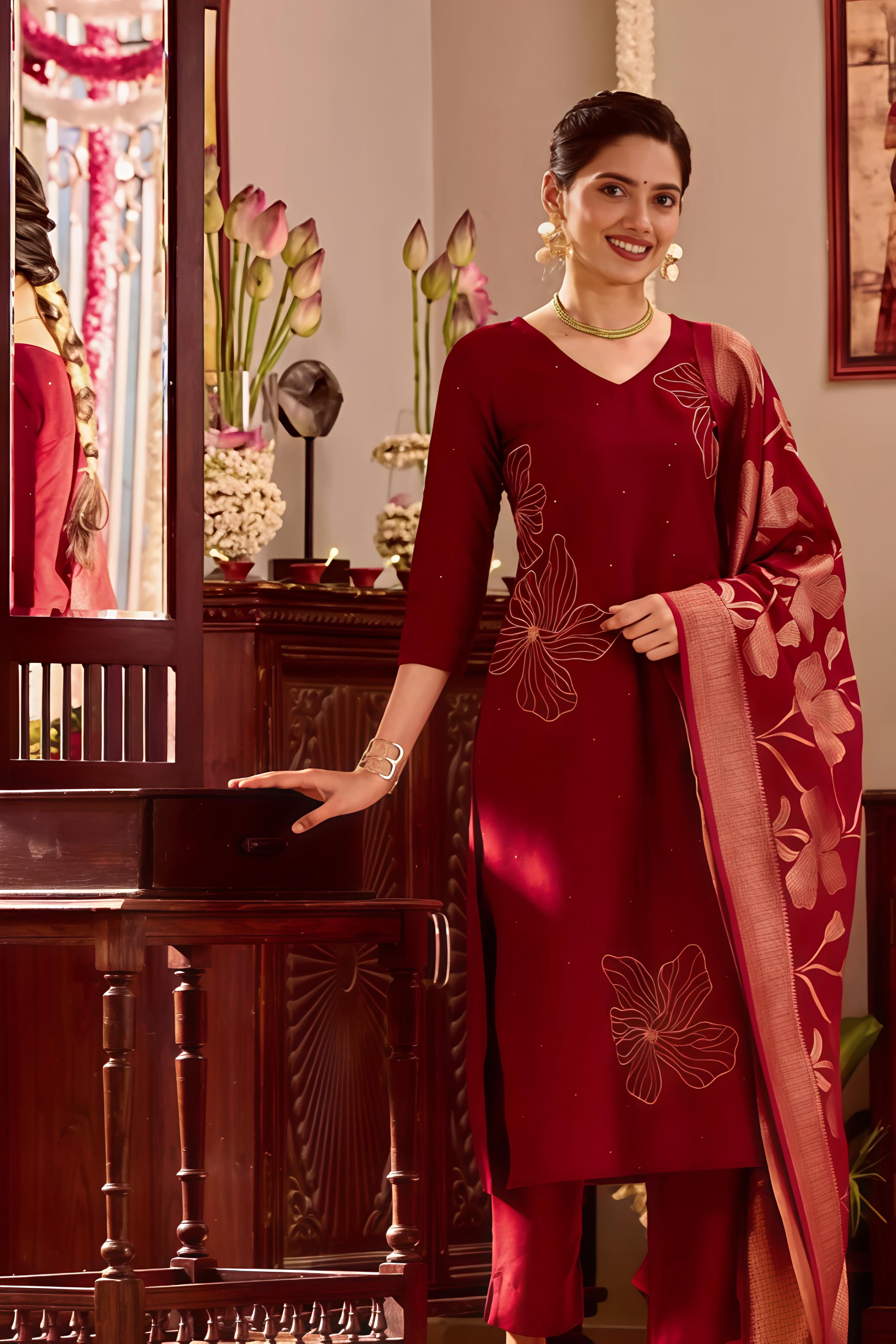 Maroon Kurta Set with Golden Threadwork & Brocade Dupatta