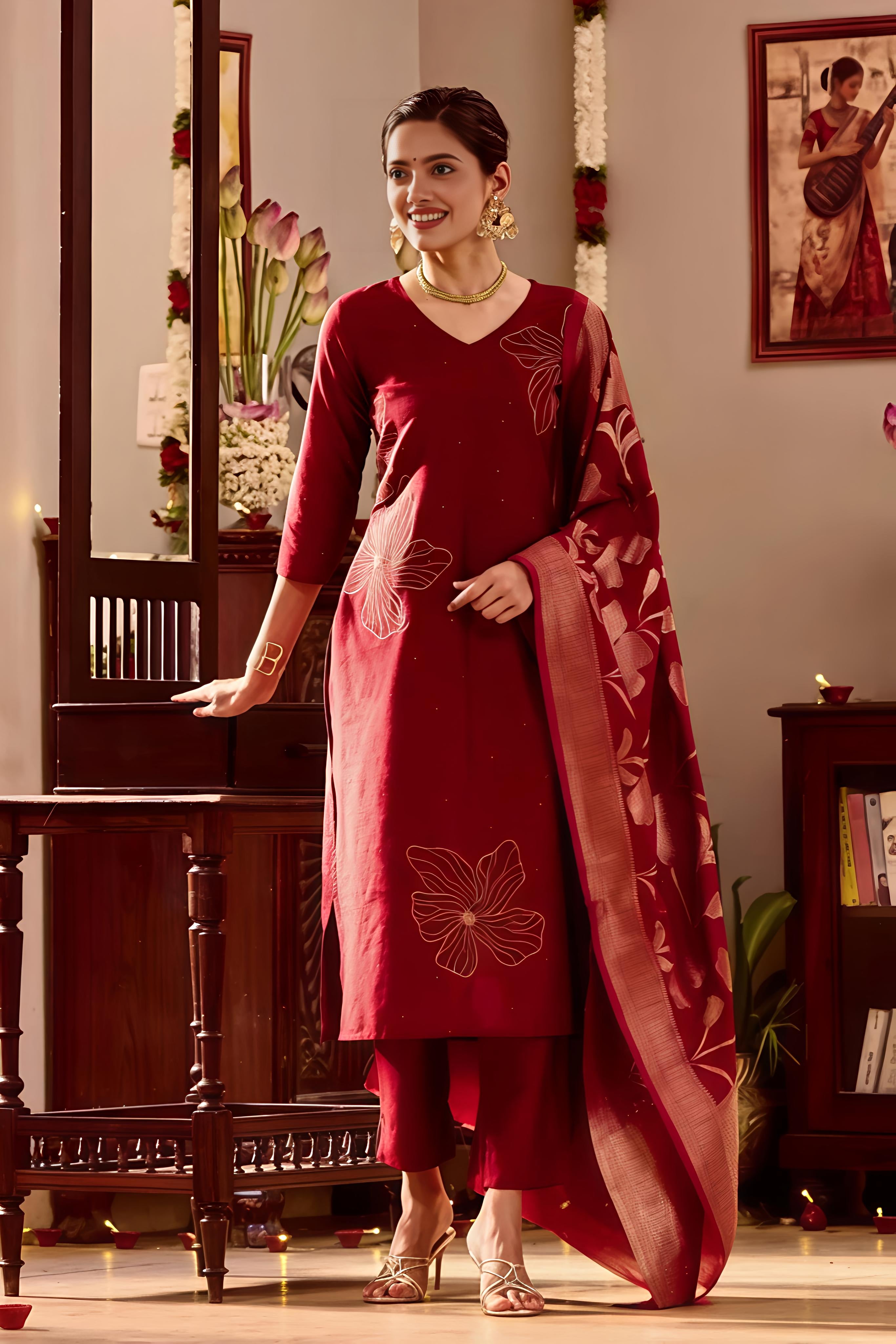 Maroon Kurta Set with Golden Threadwork & Brocade Dupatta