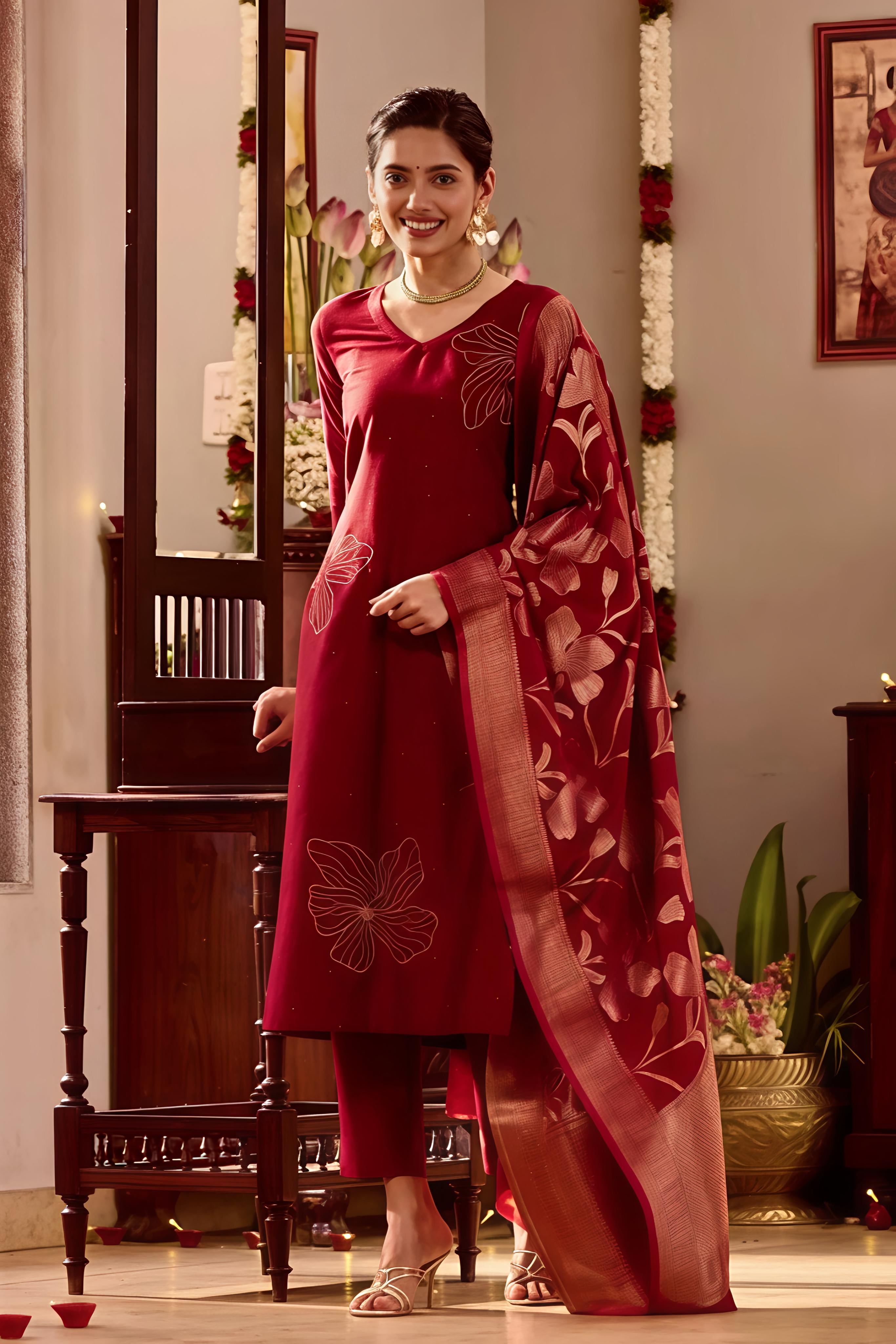 Maroon Kurta Set with Golden Threadwork & Brocade Dupatta