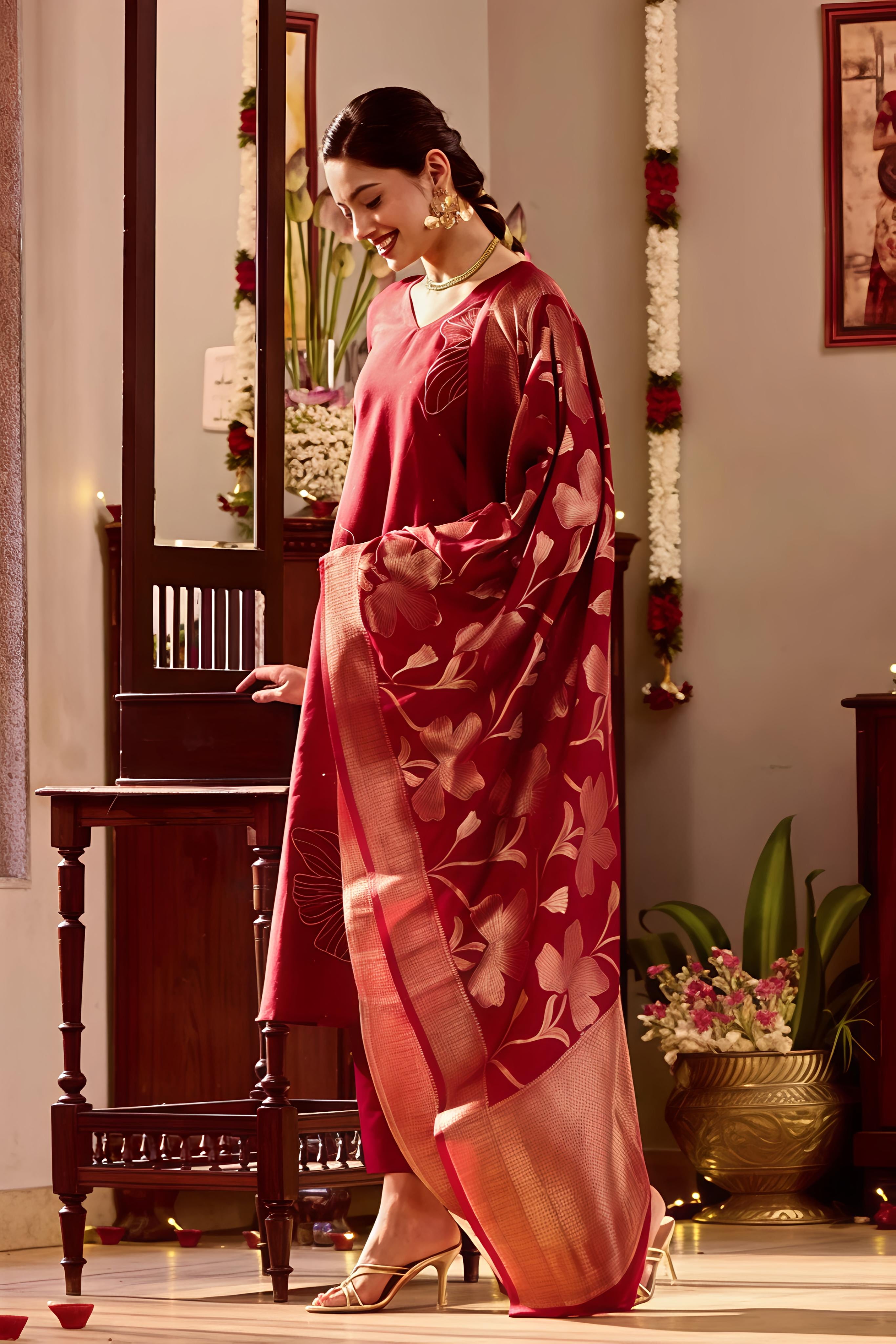 Maroon Kurta Set with Golden Threadwork & Brocade Dupatta